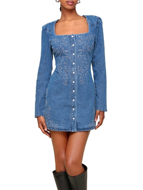 Avec Les Filles Dresses & Skirts - Avec Les Filles Western Embroidered Long Sleeve Denim Minidress